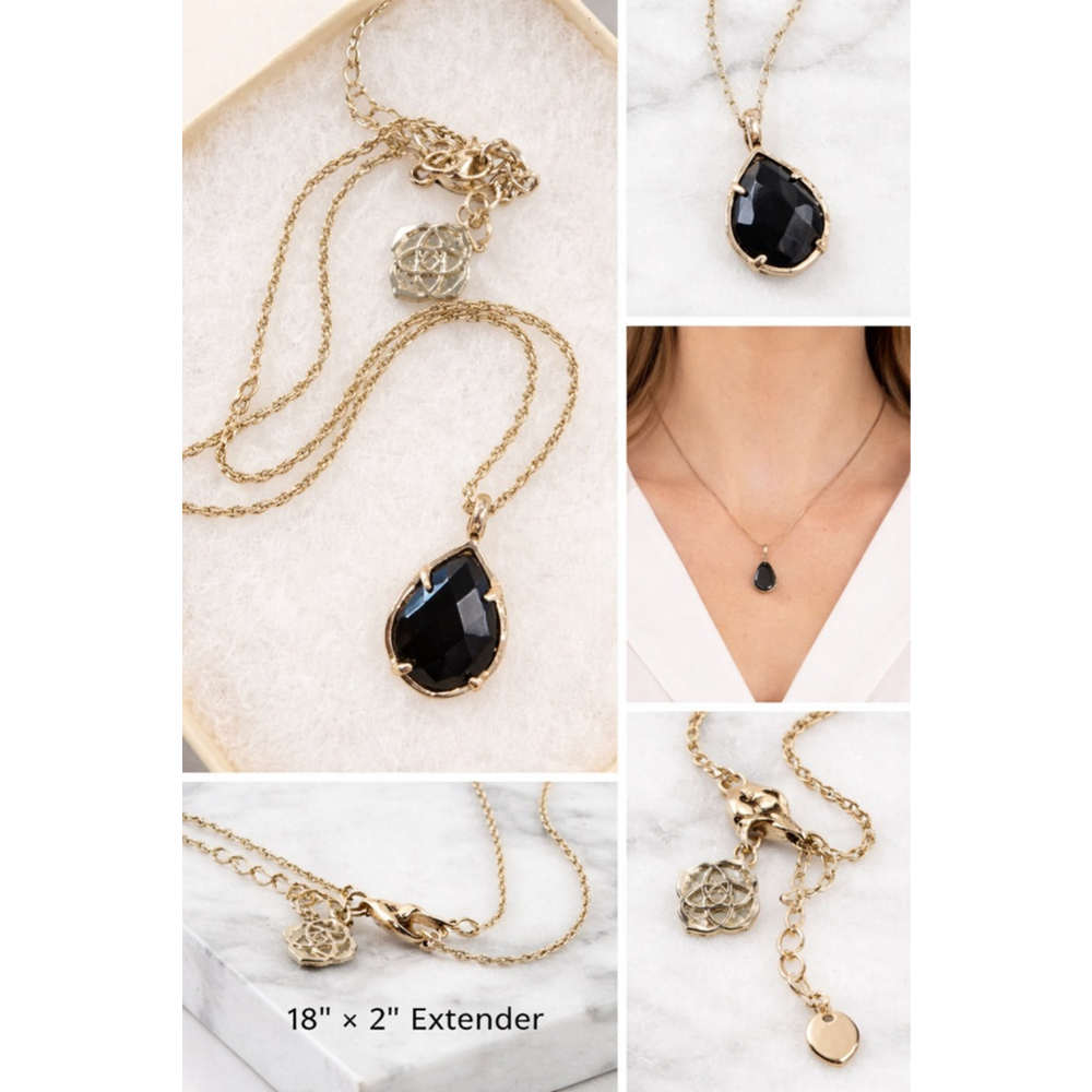 Kendra Scott Black Faceted Teardrop Pendant Necklace – Goldtone | 18” + Extender